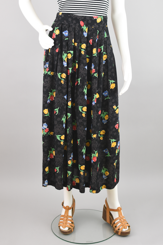 80s High Waist Dark Floral Pleated Midi Skirt, Women's Small, Waist 26 - 28"