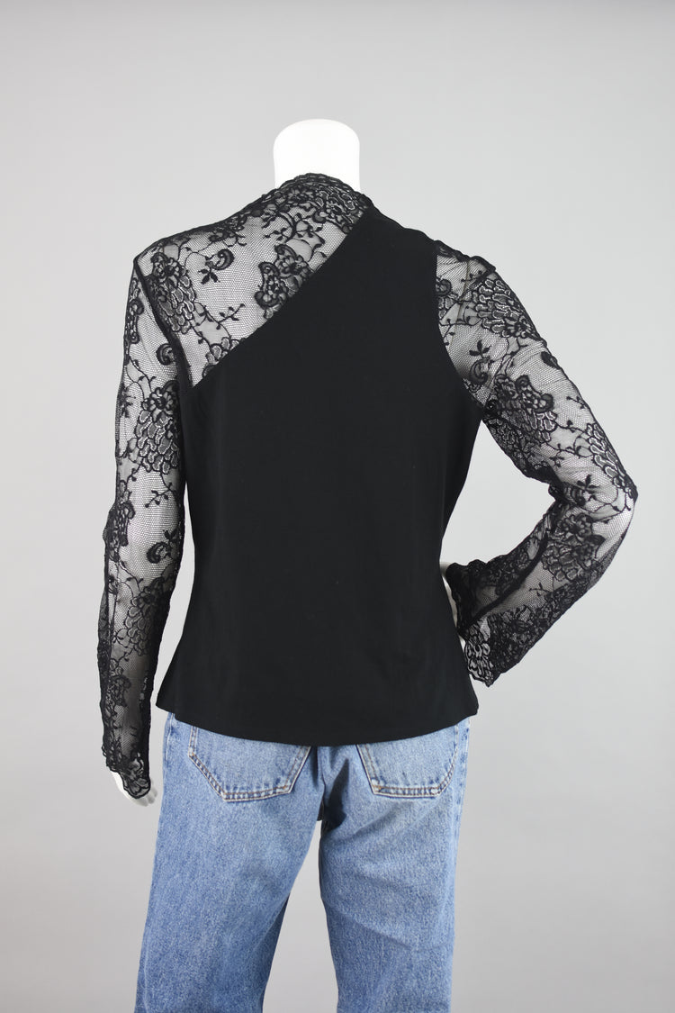 90s Black Lace Bell Sleeves Blouse, Women's Medium - Large