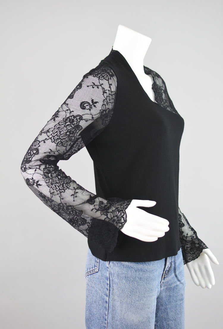 90s Black Lace Bell Sleeves Blouse, Women's Medium - Large