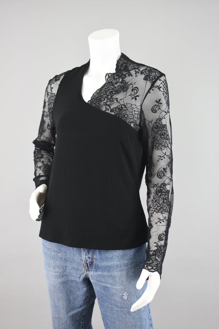 90s Black Lace Bell Sleeves Blouse, Women's Medium - Large