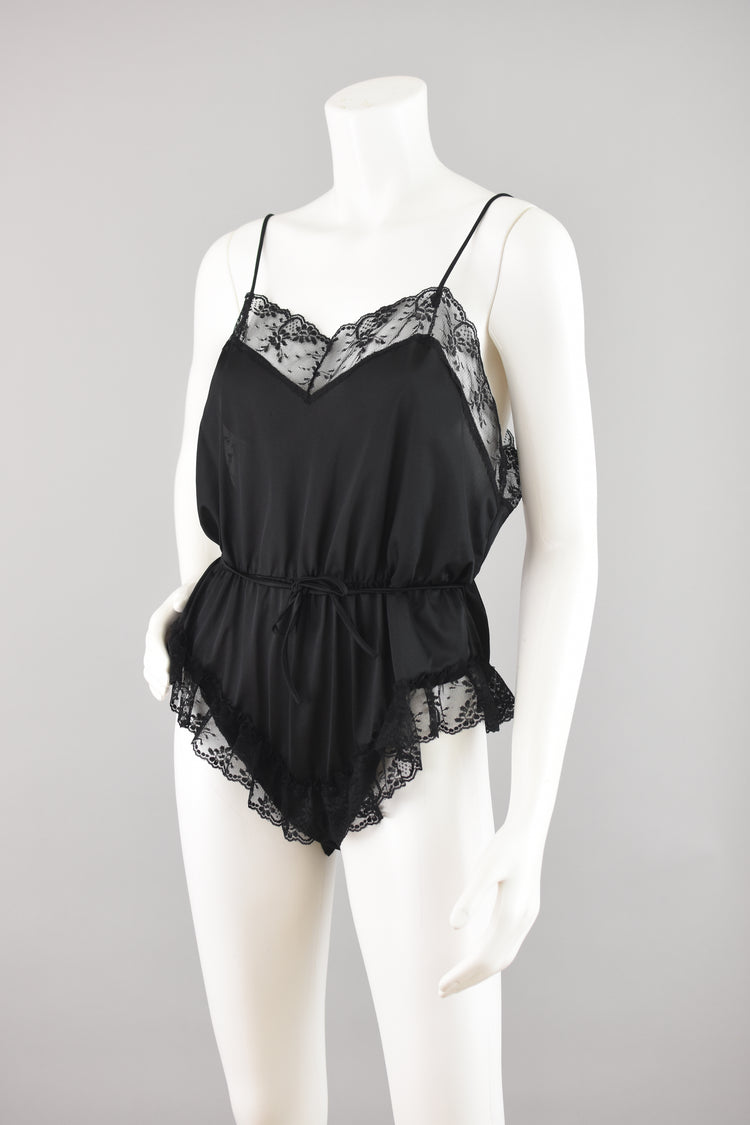 Vintage Black Satin One Piece Floral Teddy Lingerie, Women's Medium