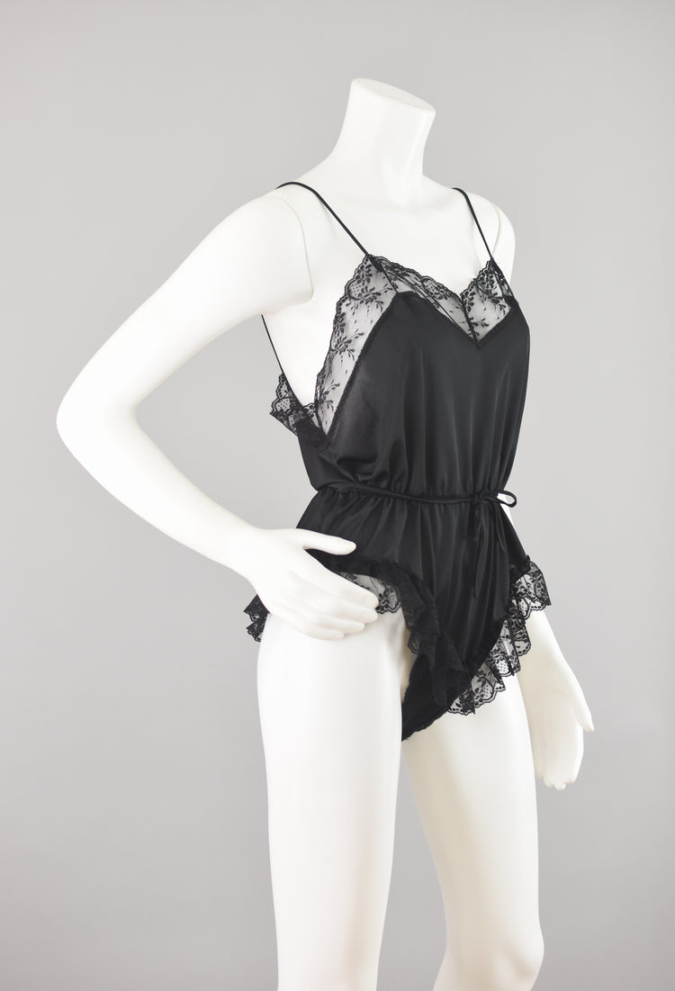 Vintage Black Satin One Piece Floral Teddy Lingerie, Women's Medium