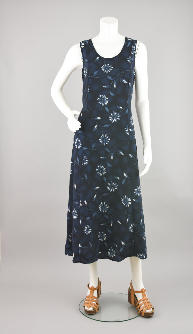 90s Blue Floral Sleeveless Maxi Dress, Tie Back, Women's Small