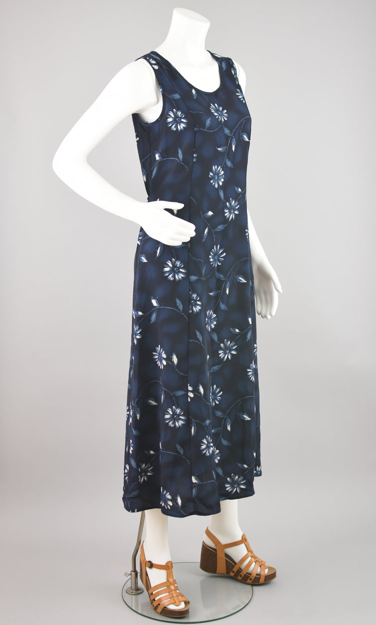 90s Blue Floral Sleeveless Maxi Dress, Tie Back, Women's Small