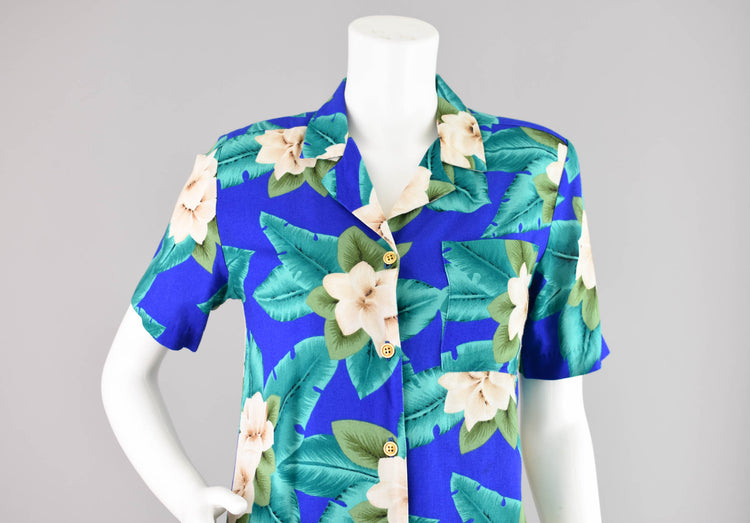 90s Blue Tropical Floral Shirt Women's Petite 4