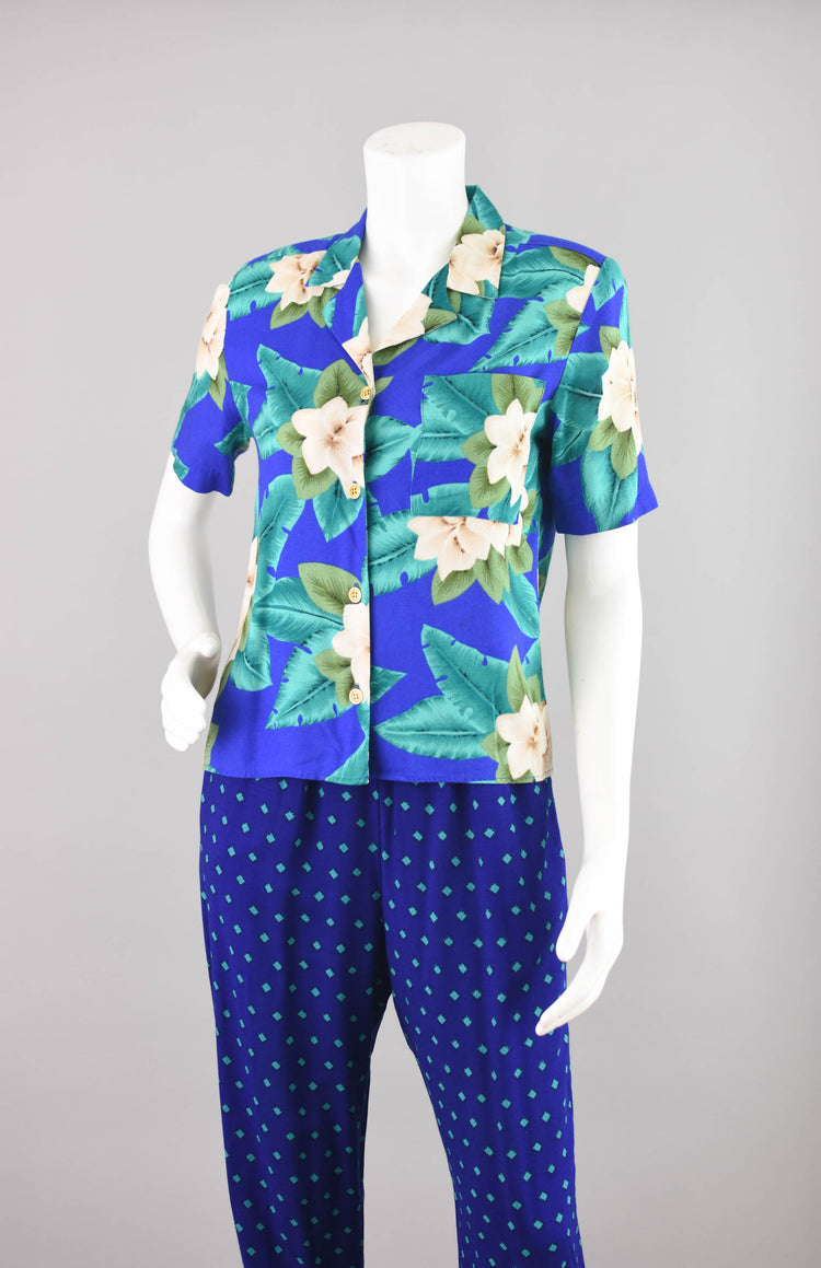 90s Blue Tropical Floral Shirt Women's Petite 4