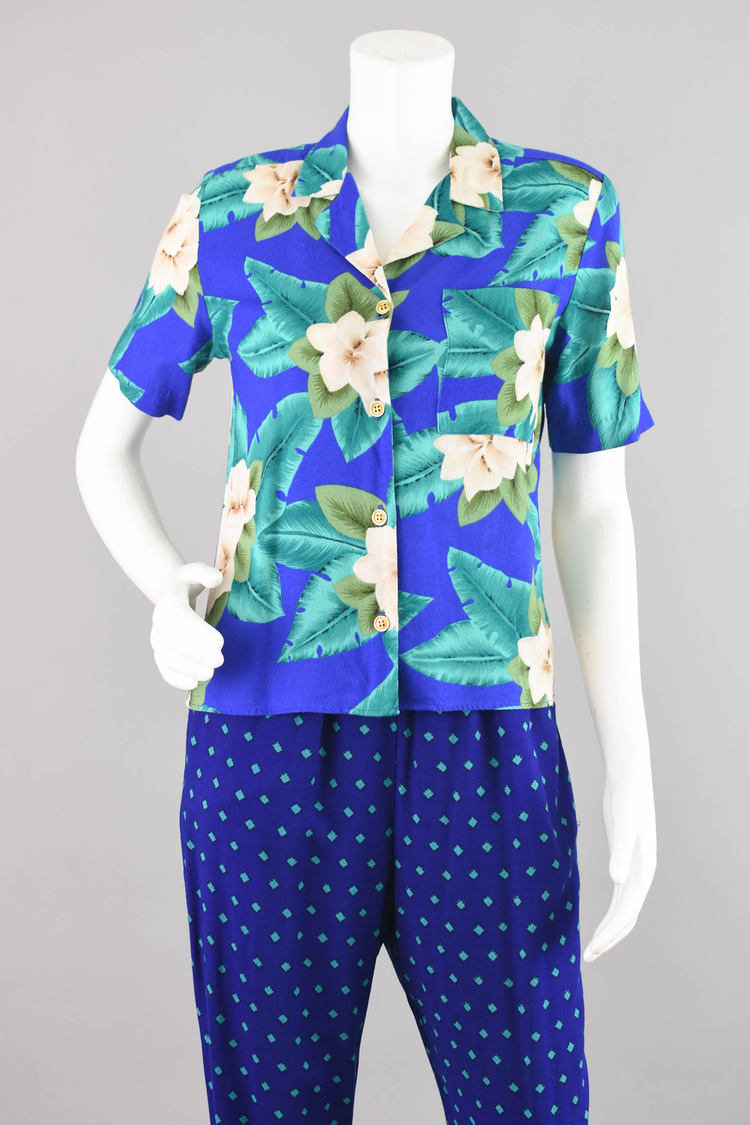 90s Blue Tropical Floral Shirt Women's Petite 4