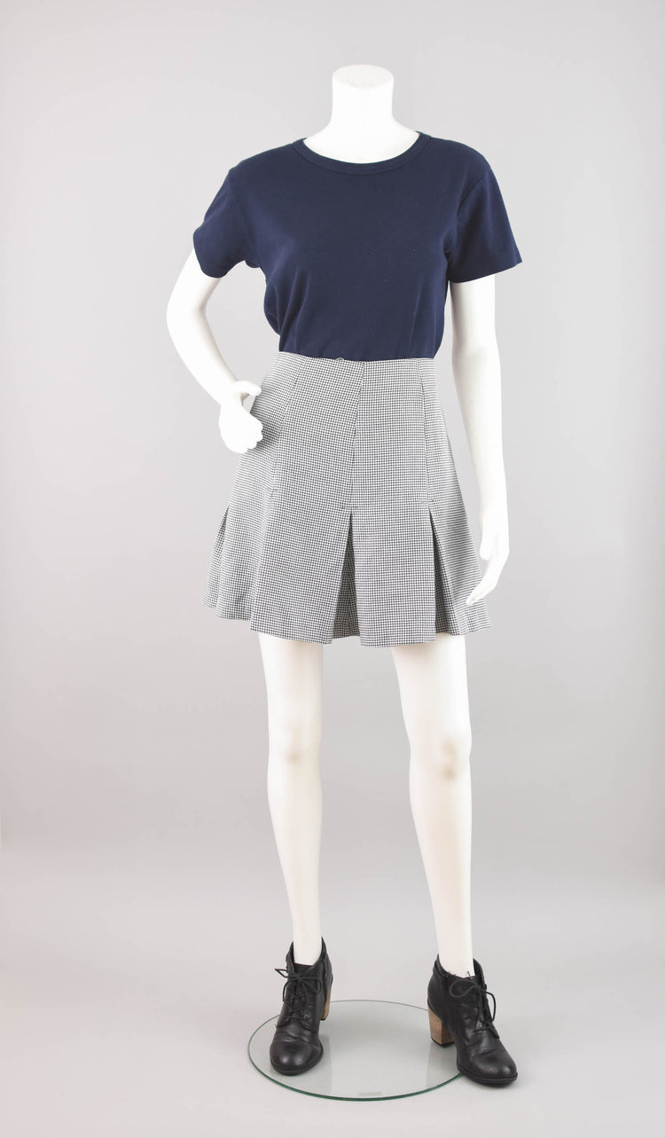 90s High Waisted Pleated Plaid Navy Blue Mini Skirt, 28" Waist