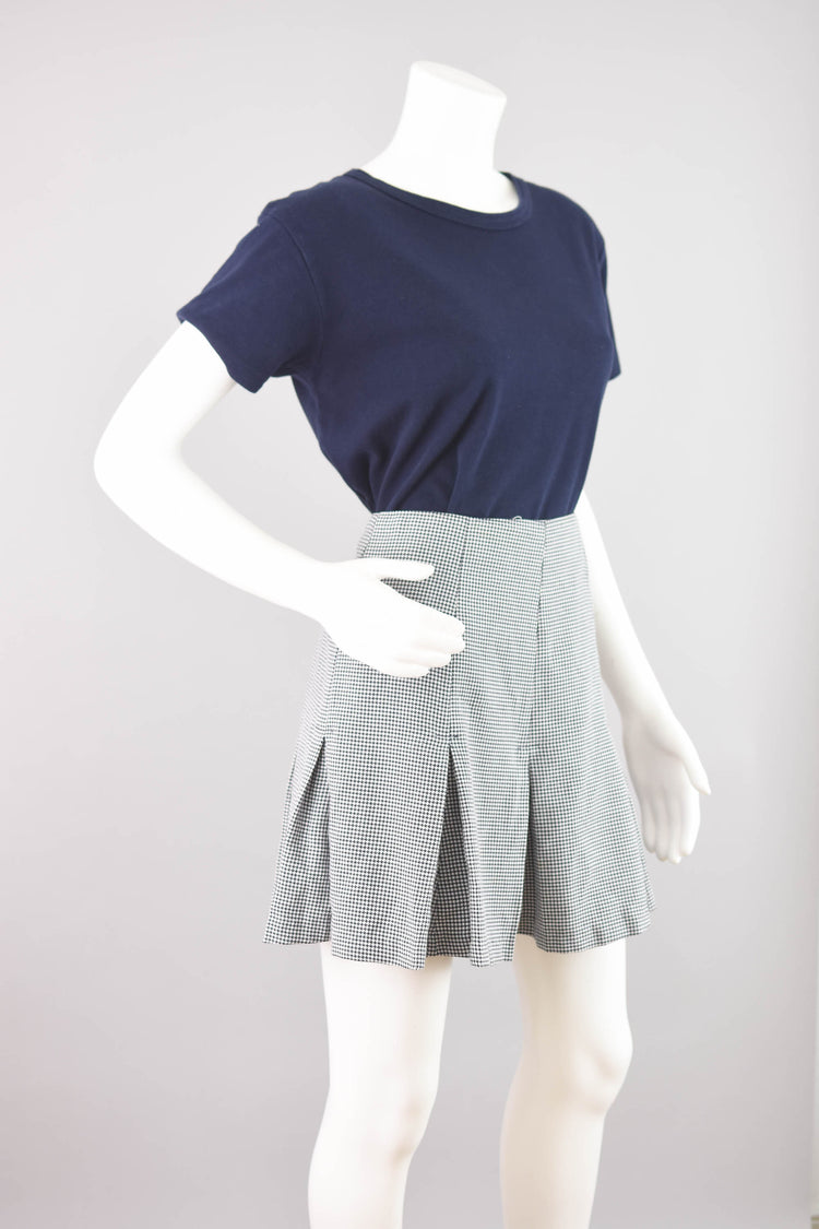 90s High Waisted Pleated Plaid Navy Blue Mini Skirt, 28" Waist