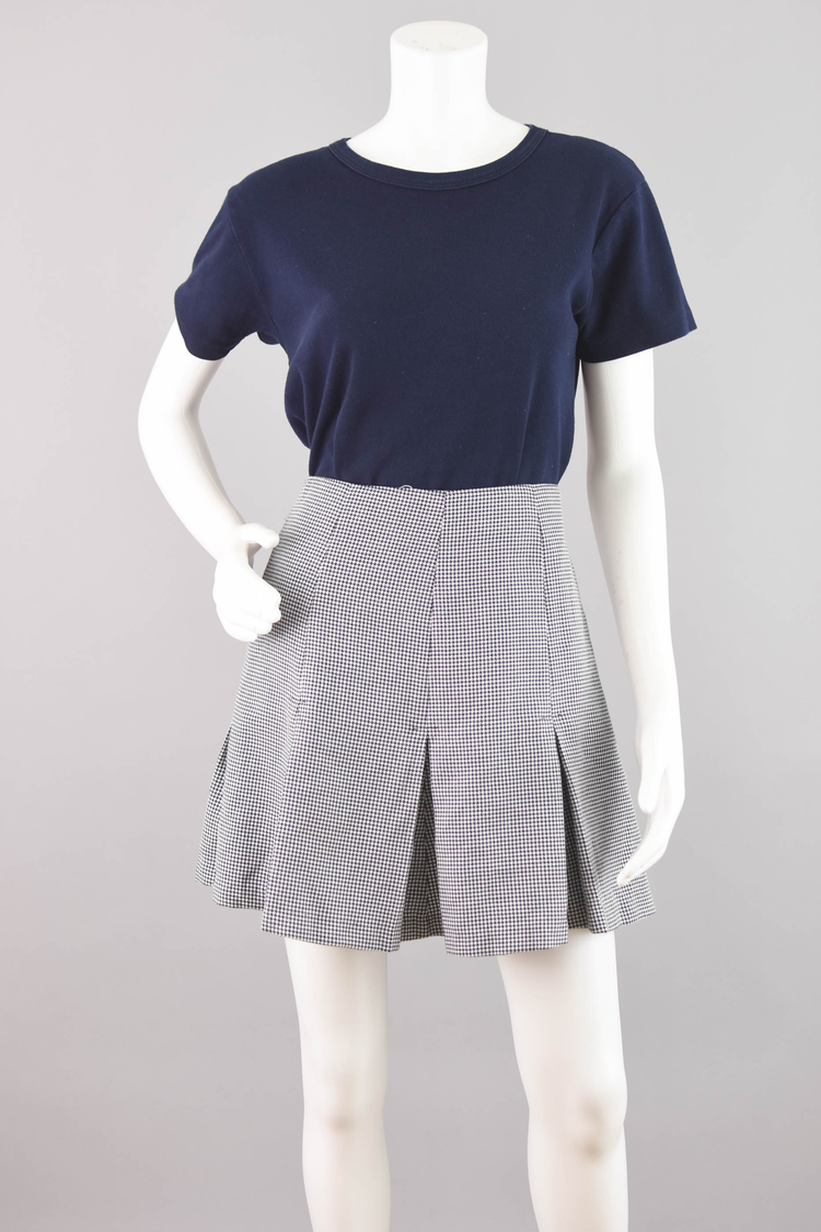 90s High Waisted Pleated Plaid Navy Blue Mini Skirt, 28" Waist