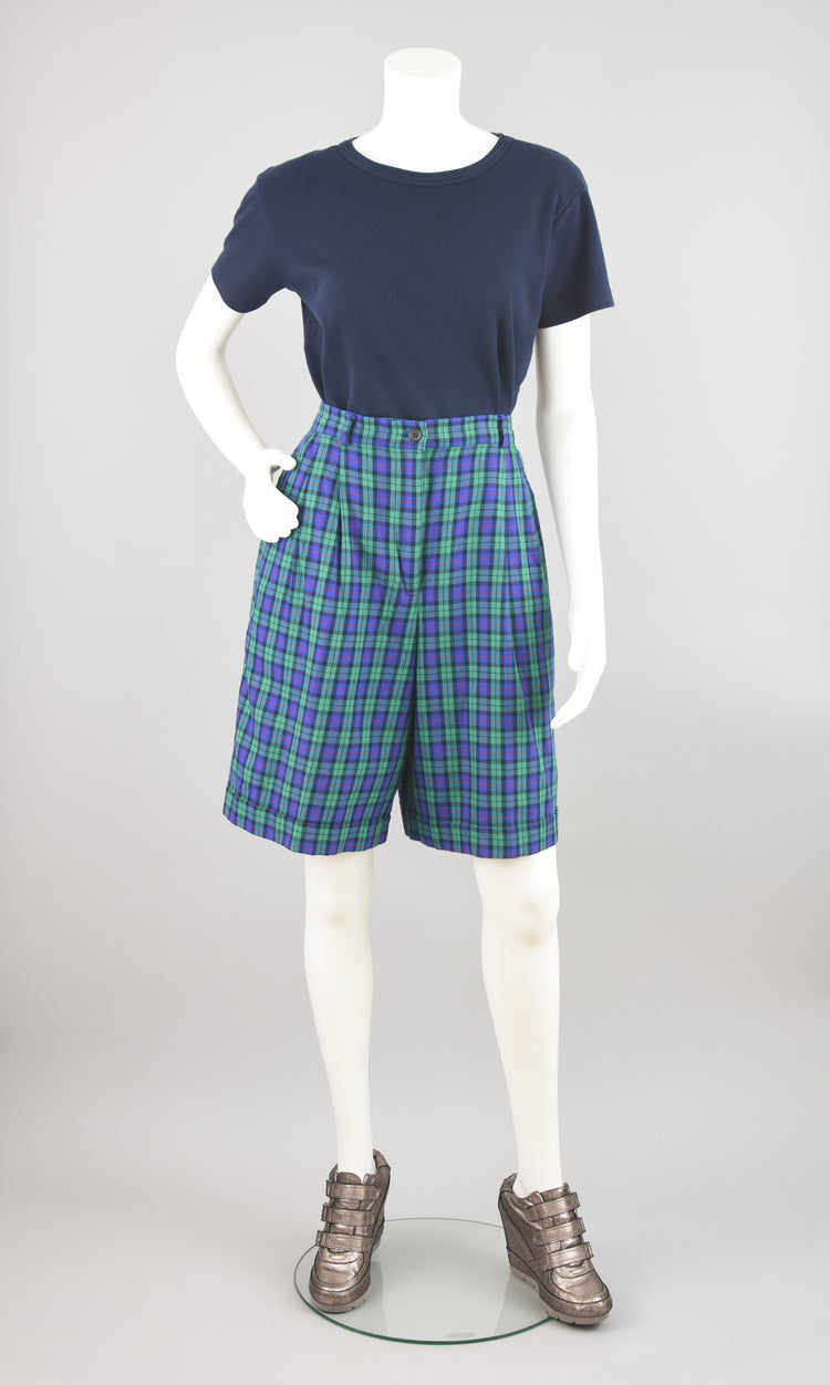 Vintage Talbots Blue Pleated Plaid Bermudas, Women's Size 8, 28" Waist