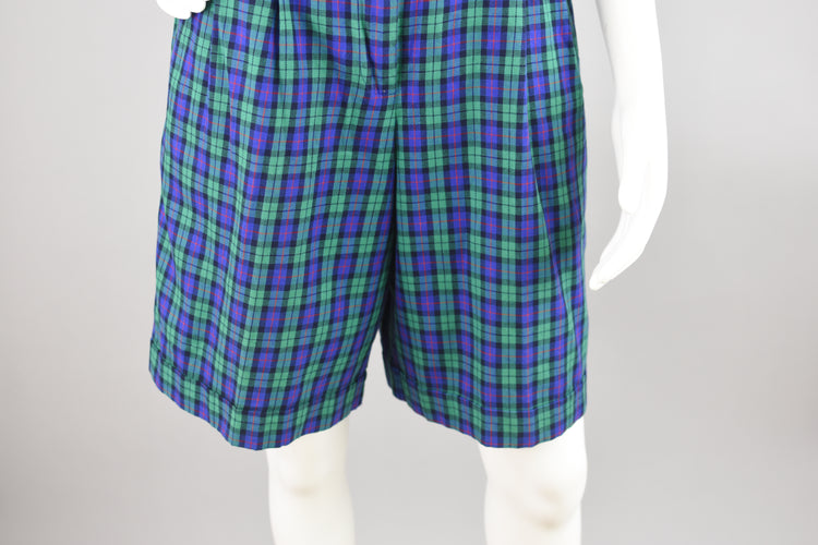 Vintage Talbots Blue Pleated Plaid Bermudas, Women's Size 8, 28" Waist