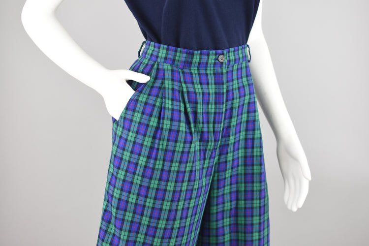 Vintage Talbots Blue Pleated Plaid Bermudas, Women's Size 8, 28" Waist