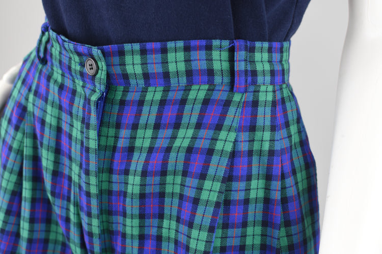 Vintage Talbots Blue Pleated Plaid Bermudas, Women's Size 8, 28" Waist