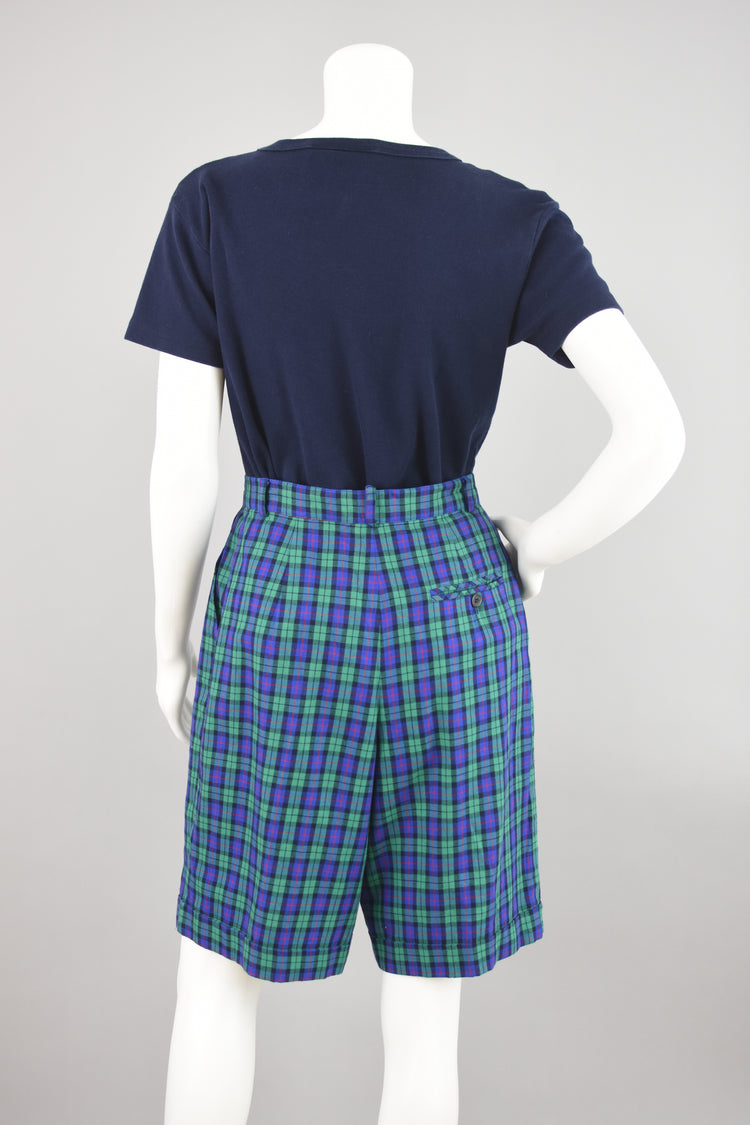 Vintage Talbots Blue Pleated Plaid Bermudas, Women's Size 8, 28" Waist