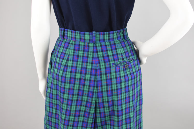 Vintage Talbots Blue Pleated Plaid Bermudas, Women's Size 8, 28" Waist