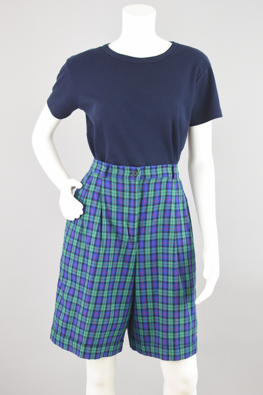 Vintage Talbots Blue Pleated Plaid Bermudas, Women's Size 8, 28" Waist