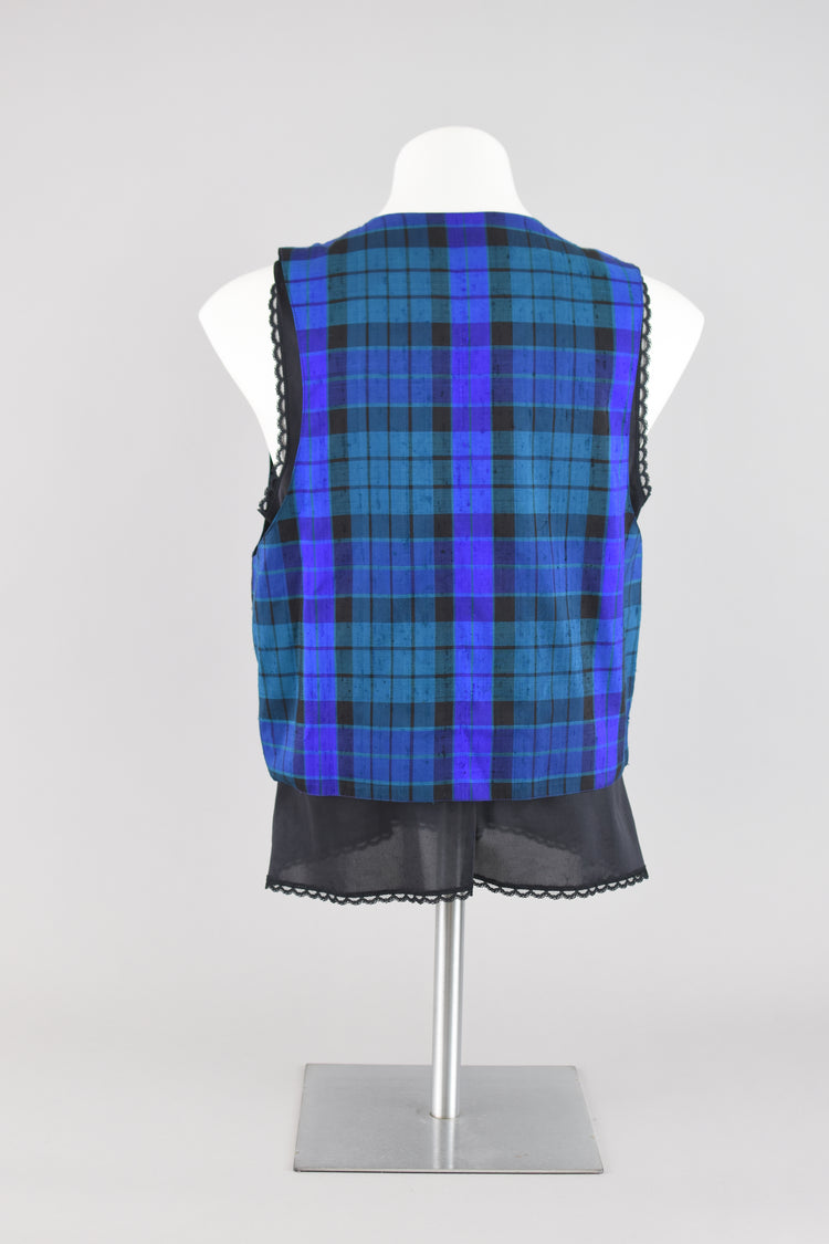 Vintage Blue Plaid Open Front Silk Vest, Women's Small