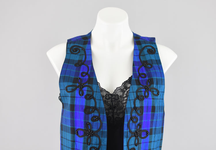 Vintage Blue Plaid Open Front Silk Vest, Women's Small