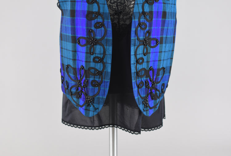 Vintage Blue Plaid Open Front Silk Vest, Women's Small