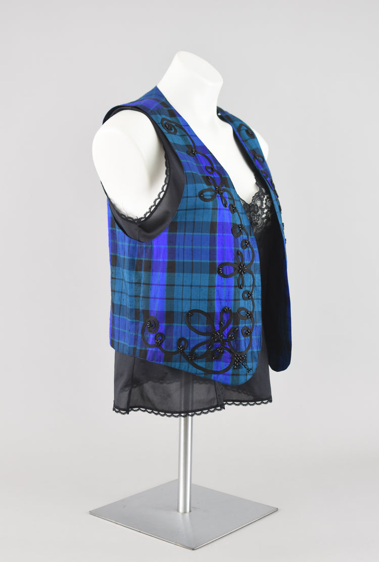 Vintage Blue Plaid Open Front Silk Vest, Women's Small