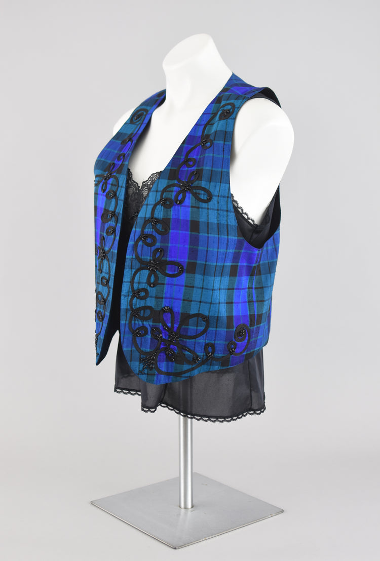 Vintage Blue Plaid Open Front Silk Vest, Women's Small