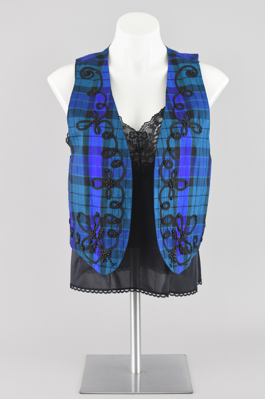 Vintage Blue Plaid Open Front Silk Vest, Women's Small