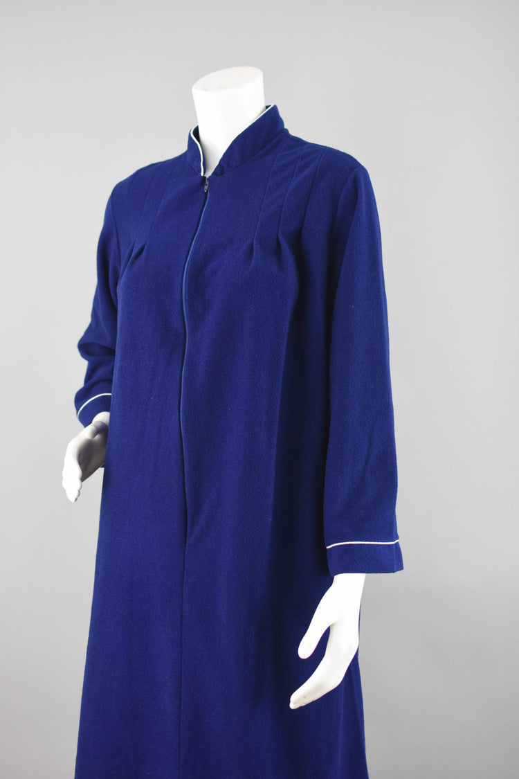 70s Dark Blue Fleece Housecoat, Full Length Zip Up, Women's Small - Medium