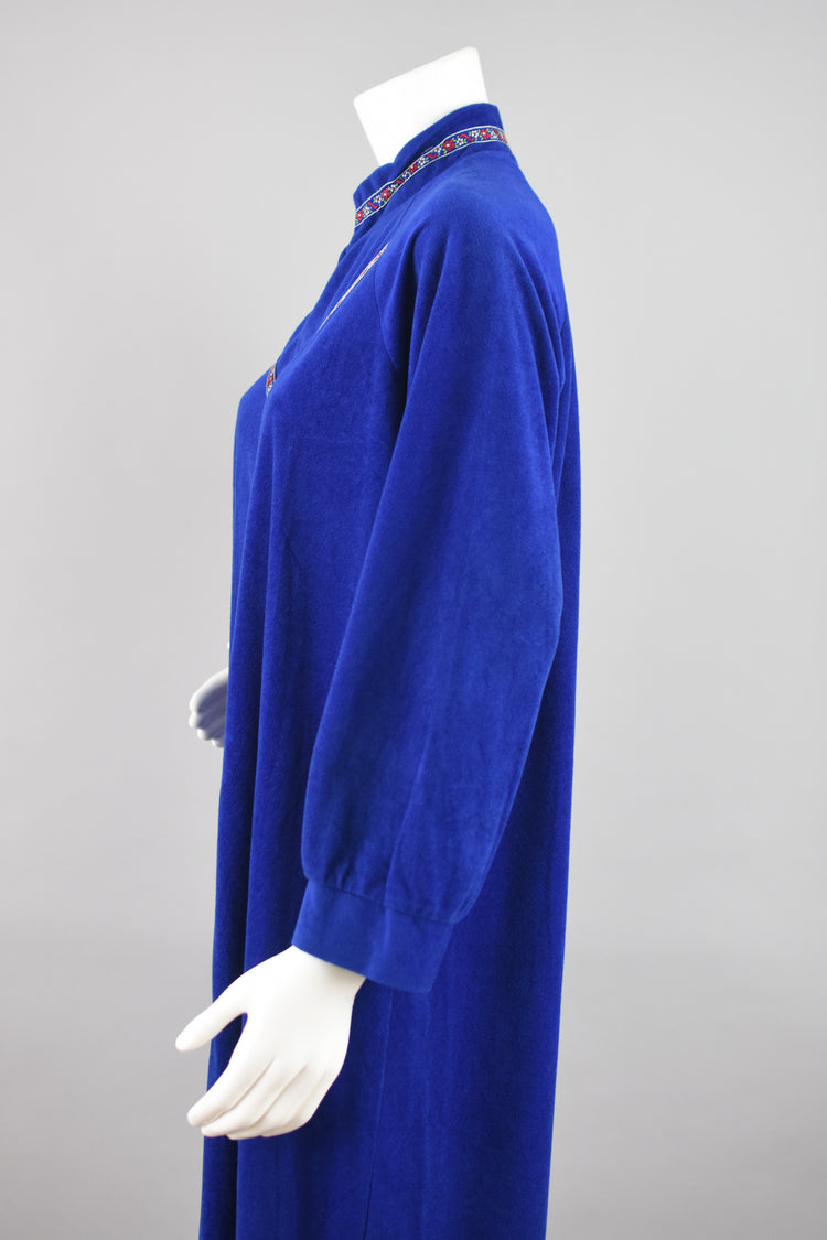 80s Blue Fleece Zip Up Housecoat Women's Large