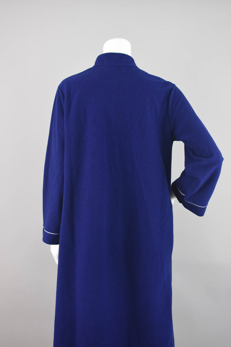 70s Dark Blue Fleece Housecoat, Full Length Zip Up, Women's Small - Medium