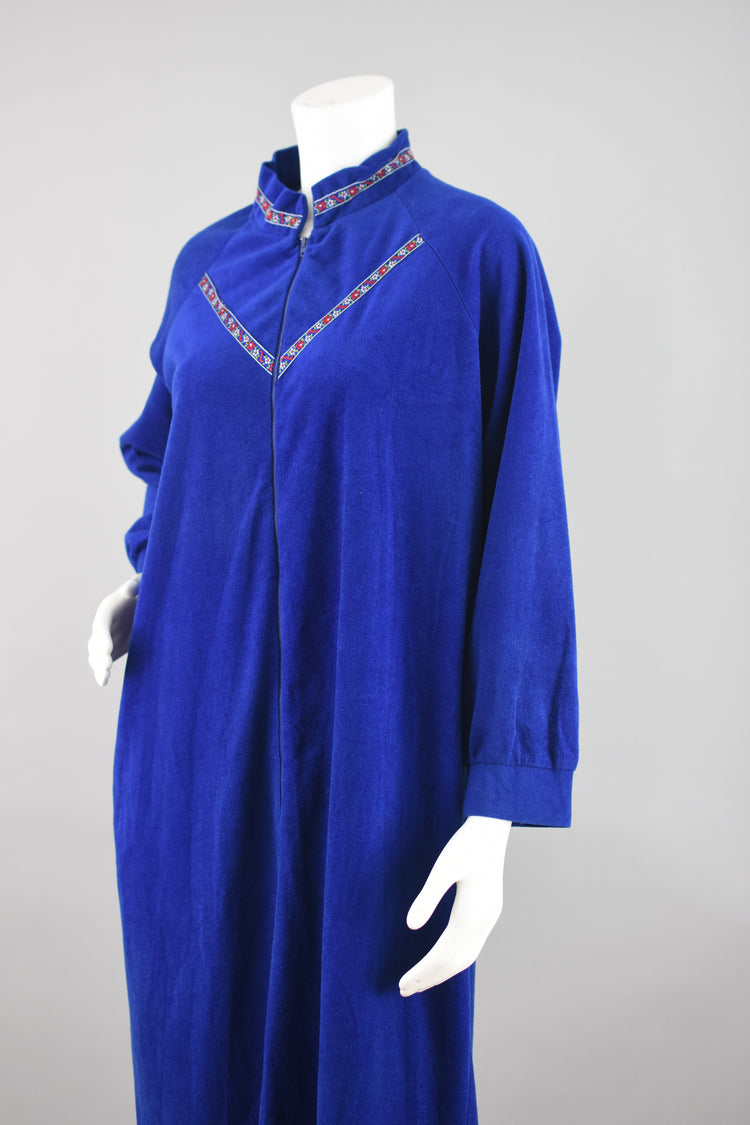 80s Blue Fleece Zip Up Housecoat Women's Large