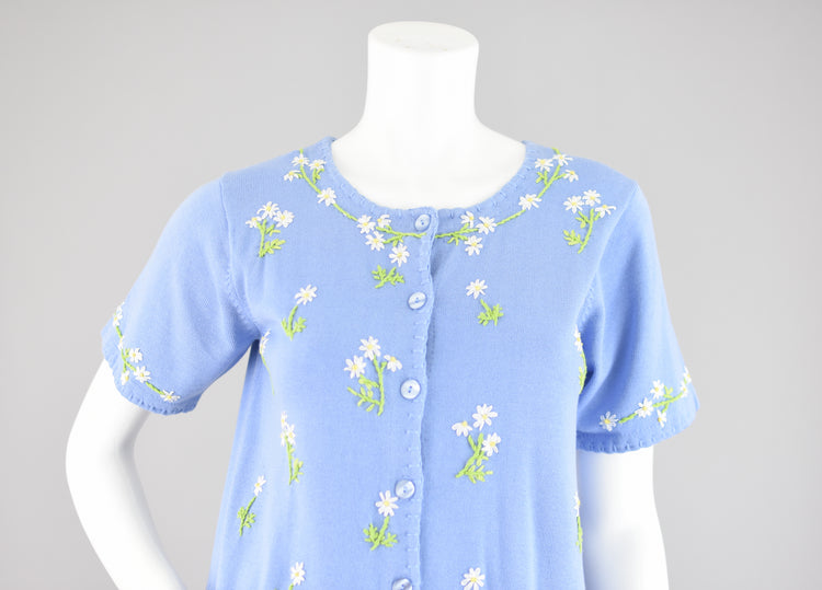 Y2K Blue Embroidered Flowers Cardigan, Women's Extra Small