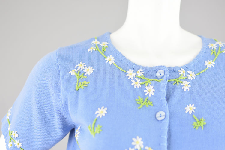 Y2K Blue Embroidered Flowers Cardigan, Women's Extra Small