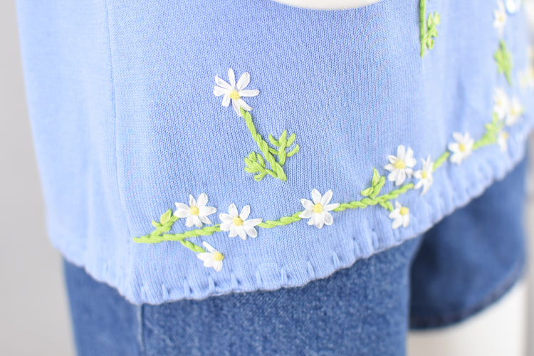 Y2K Blue Embroidered Flowers Cardigan, Women's Extra Small