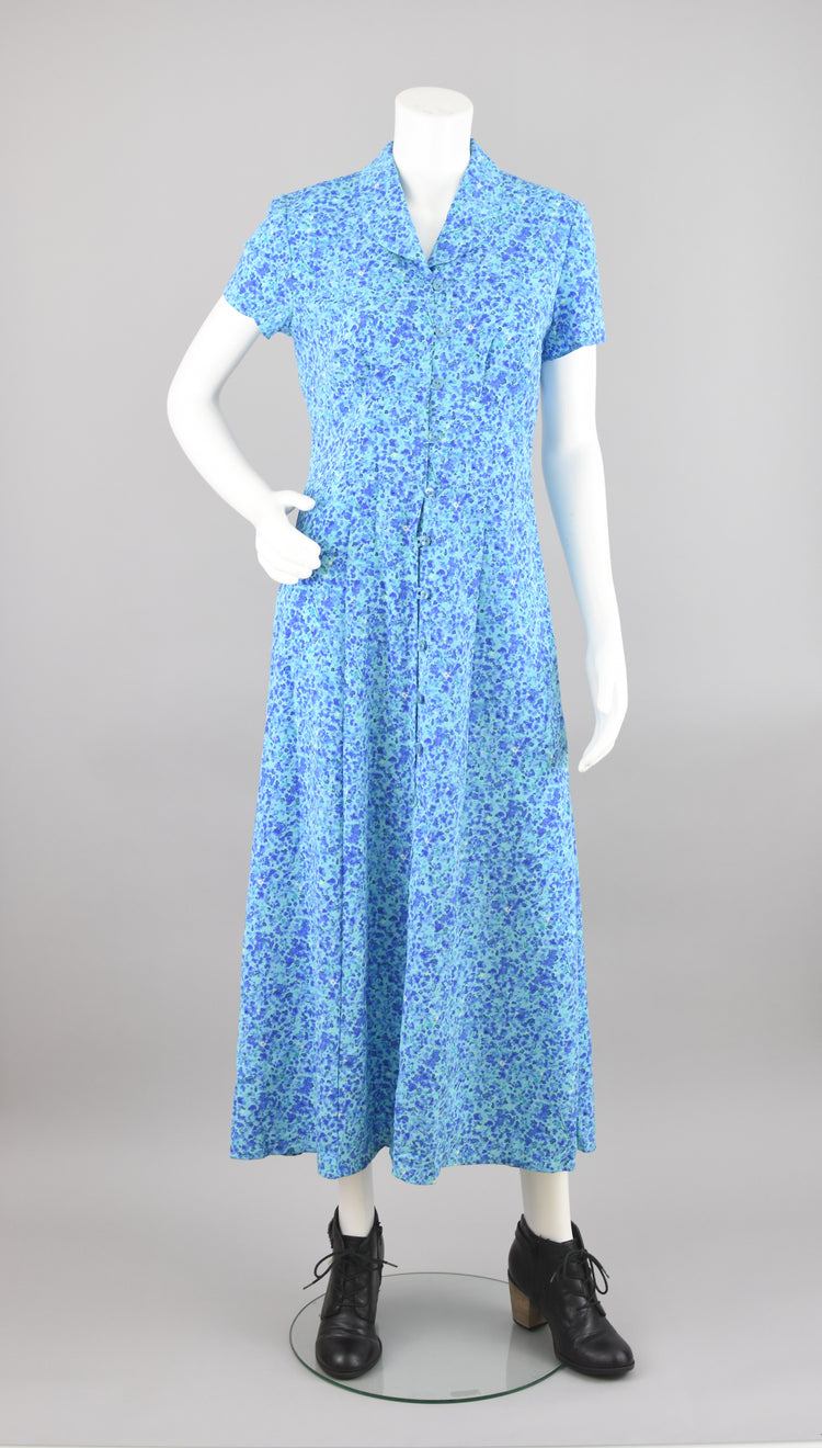 90s Blue Floral Long Length Maxi Dress, Women's Size 8