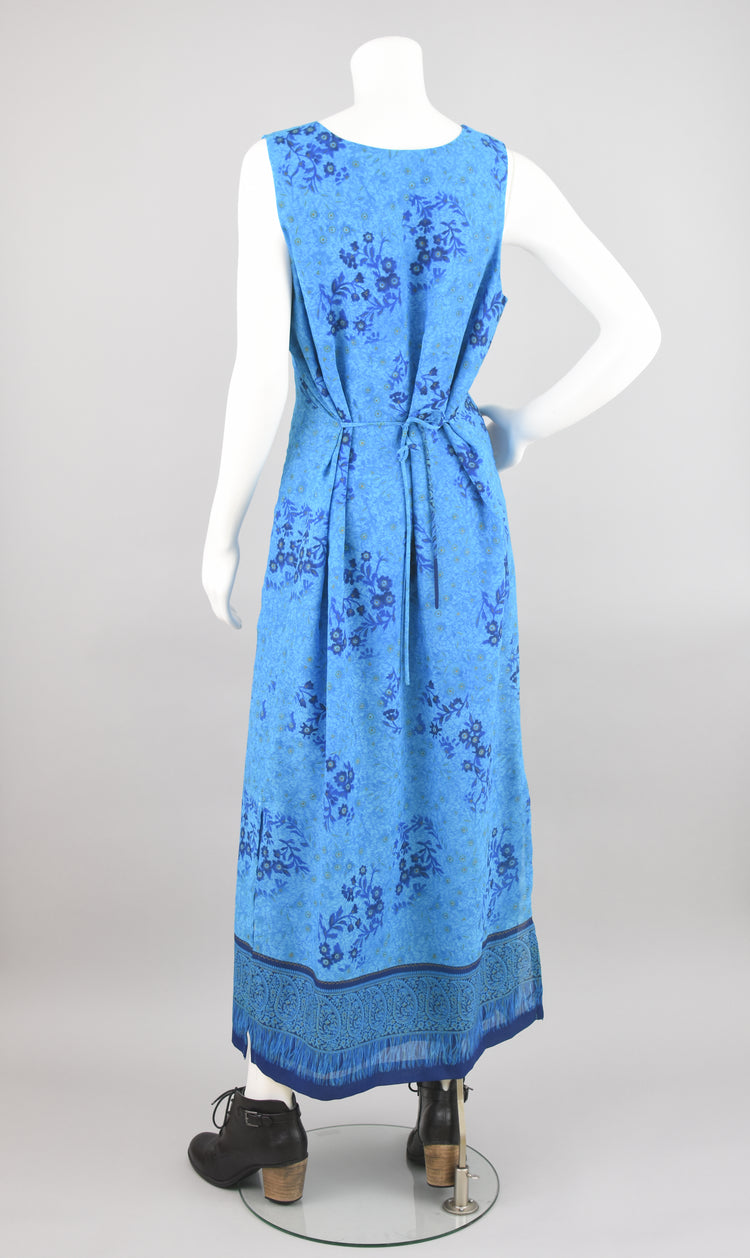 90s Sleeveless Long Blue Floral Tie Back Dress, Women's Large