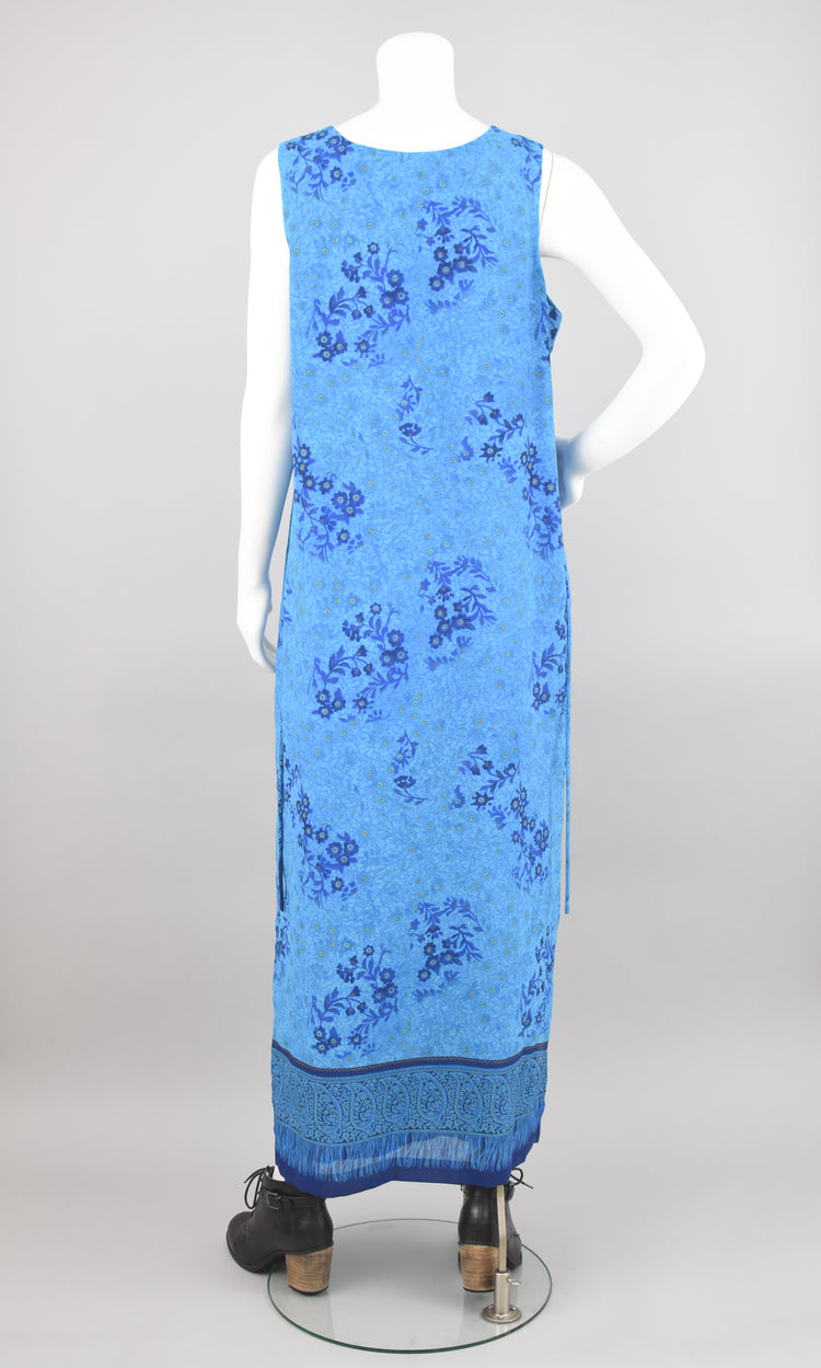 90s Sleeveless Long Blue Floral Tie Back Dress, Women's Large