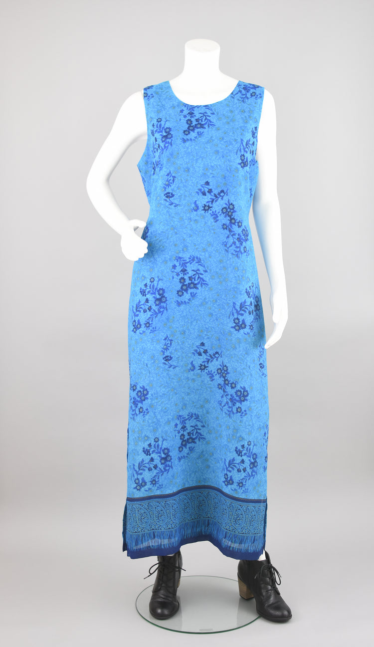 90s Sleeveless Long Blue Floral Tie Back Dress, Women's Large