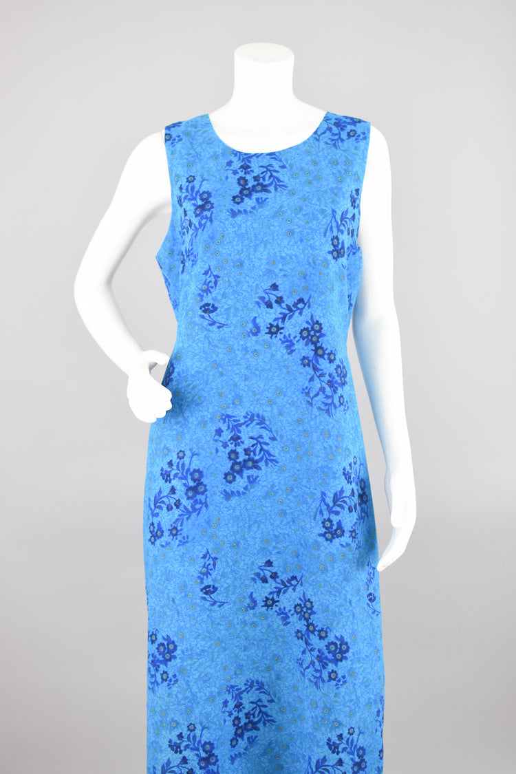 90s Sleeveless Long Blue Floral Tie Back Dress, Women's Large