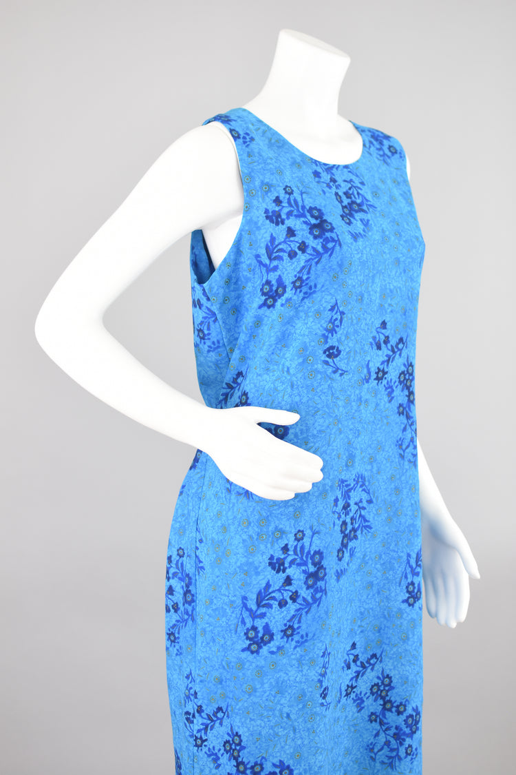 90s Sleeveless Long Blue Floral Tie Back Dress, Women's Large