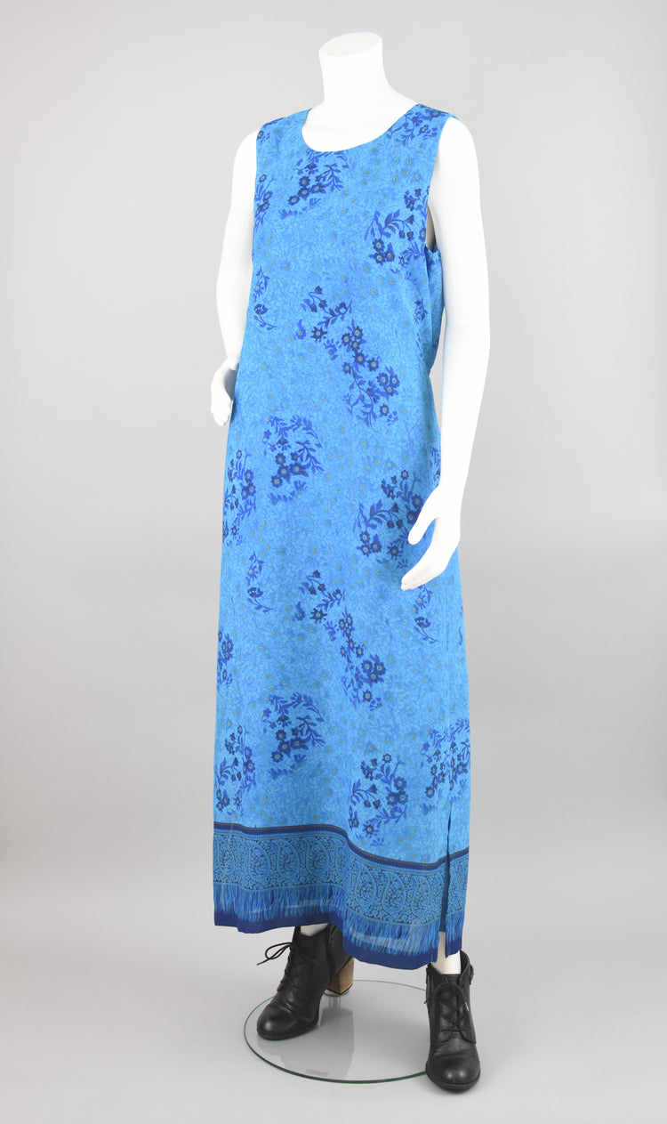 90s Sleeveless Long Blue Floral Tie Back Dress, Women's Large