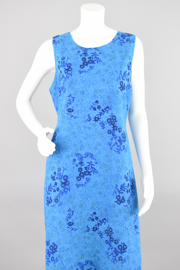 90s Sleeveless Long Blue Floral Tie Back Dress, Women's Large