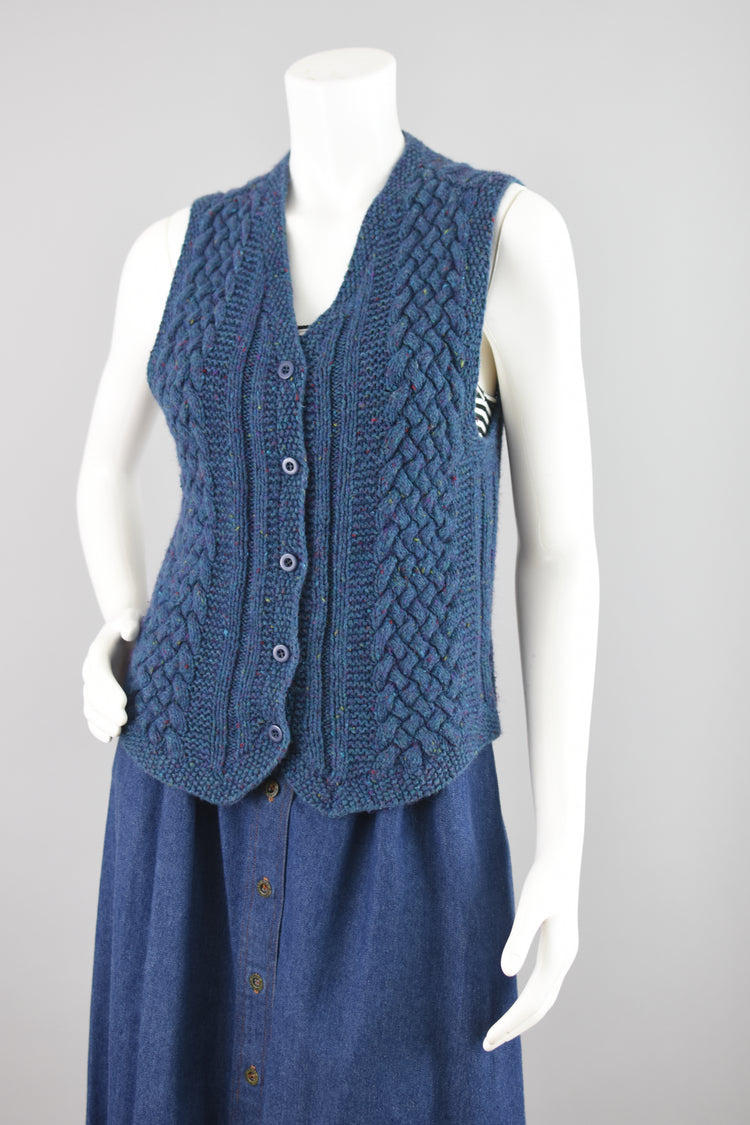 Vintage Blue Chunky Knit Wool Blend Sweater Vest, Women's Small