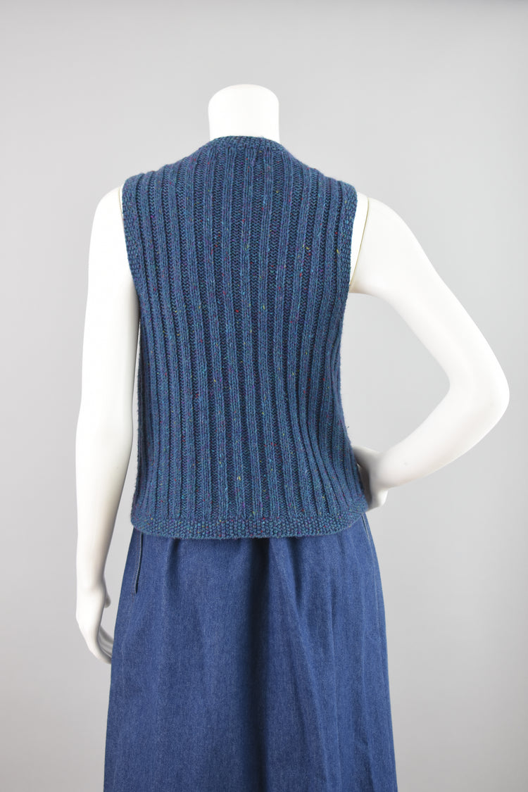 Vintage Blue Chunky Knit Wool Blend Sweater Vest, Women's Small