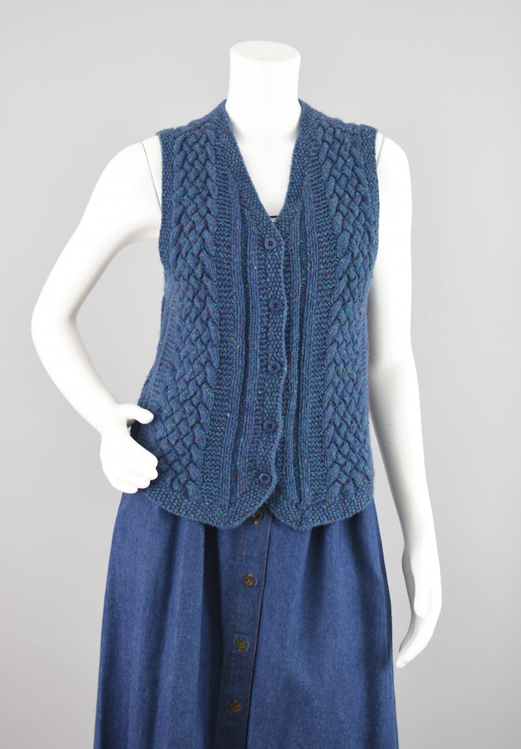 Vintage Blue Chunky Knit Wool Blend Sweater Vest, Women's Small