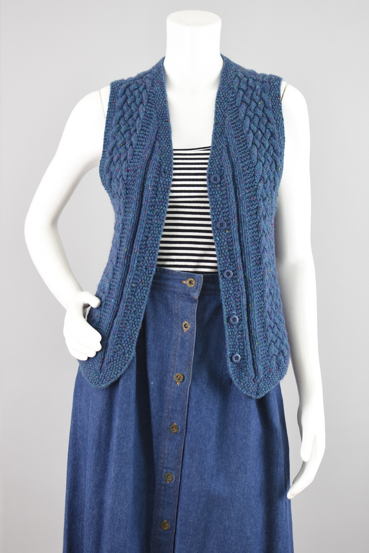 Vintage Blue Chunky Knit Wool Blend Sweater Vest, Women's Small