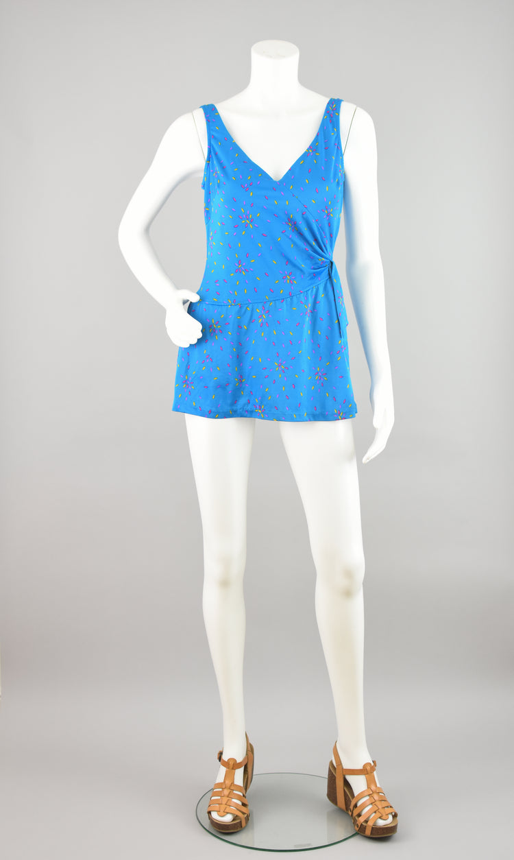 70s Maxine of Hollywood Blue Retro Print Swim Dress