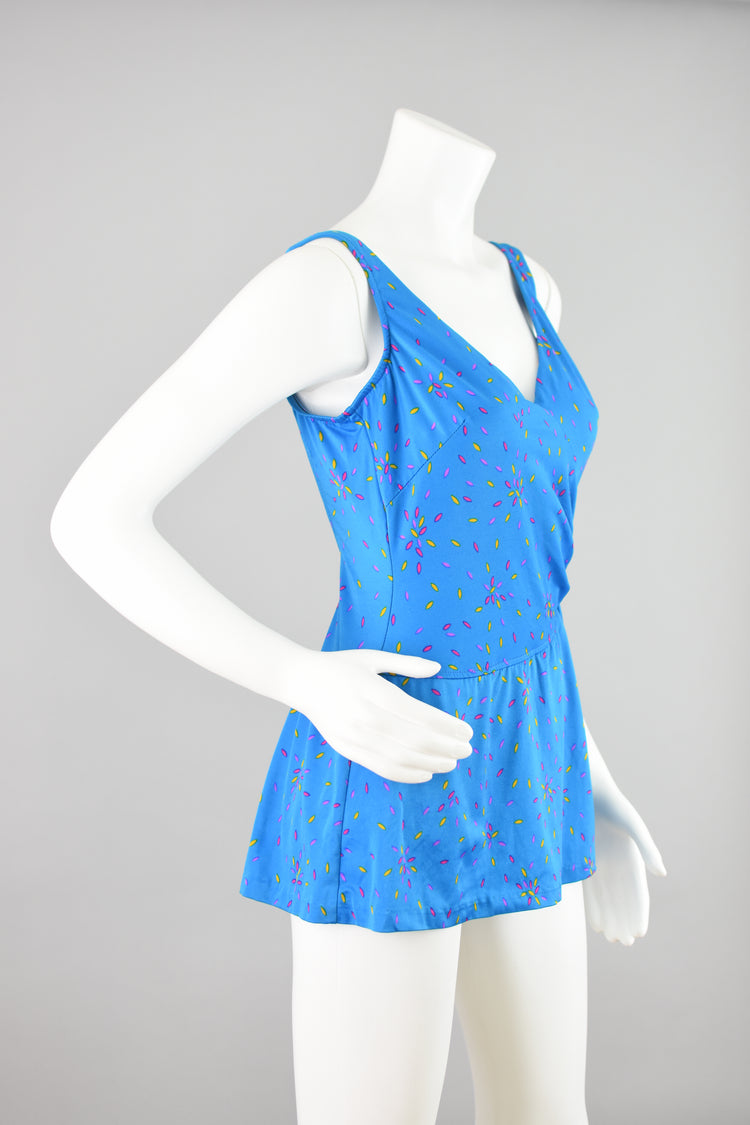 70s Maxine of Hollywood Blue Retro Print Swim Dress