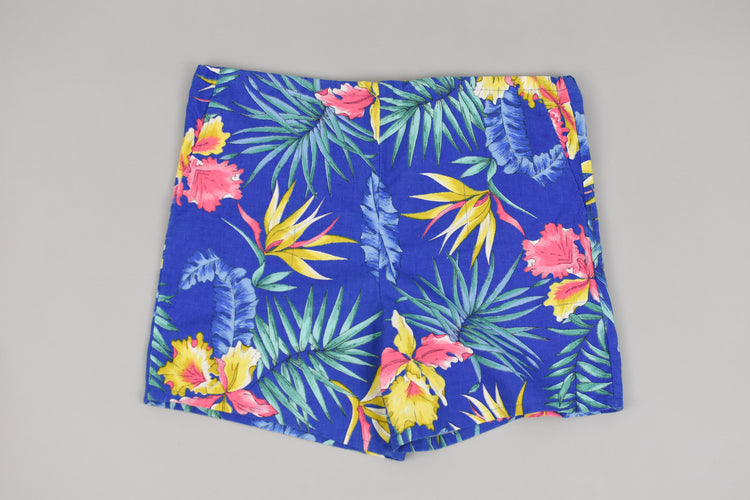 80s Blue Tropical Floral Shorts, Unisex Medium 32 - 34"