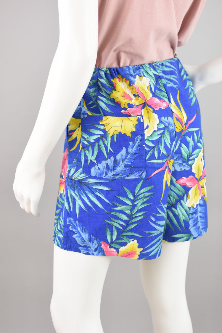 80s Blue Tropical Floral Shorts, Unisex Medium 32 - 34"